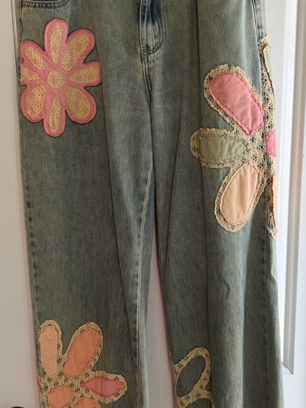 Oli & Hali Floral Appliqué Wide Leg Denim Jeans